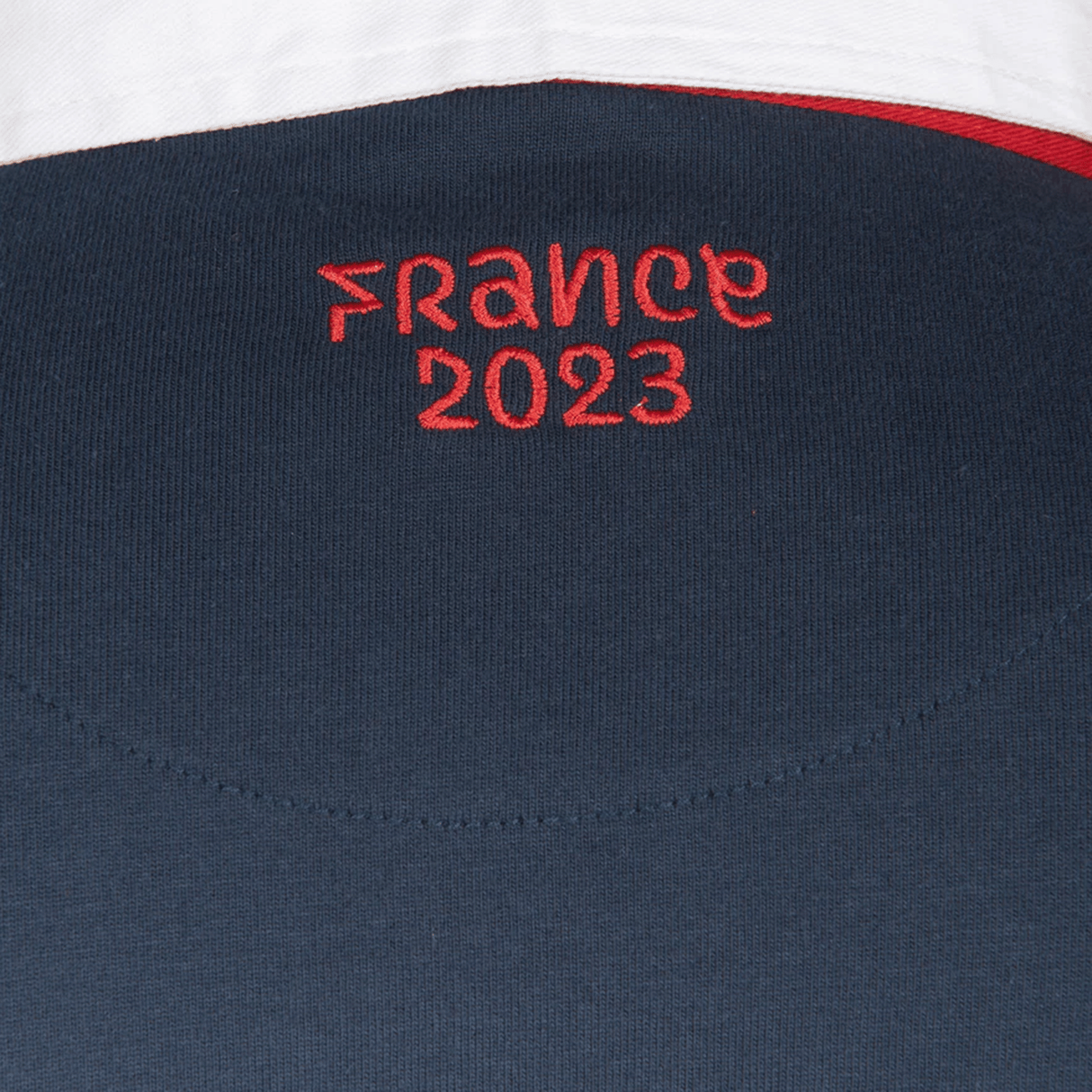 The back of a Rugby World Cup 23 Logo Rugger shirt with the word france on it, designed by Sportfolio.