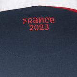 The back of a Rugby World Cup 23 Logo Rugger shirt with the word france on it, designed by Sportfolio.