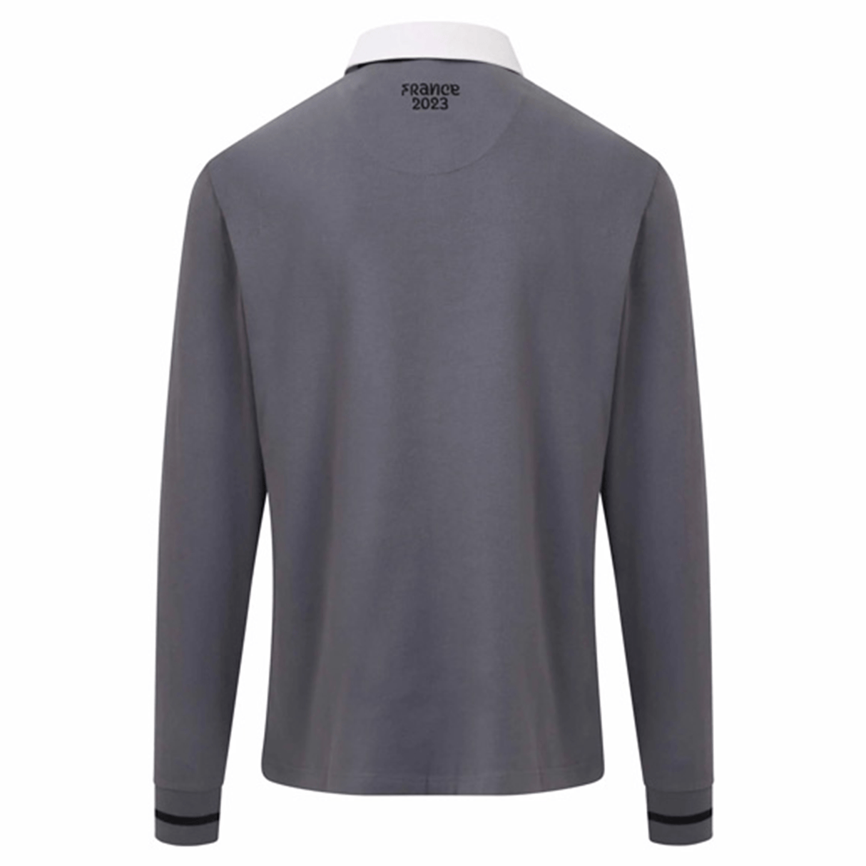 The back view of a Sportfolio Rugby World Cup 23 Logo Rugger grey long sleeved polo shirt.