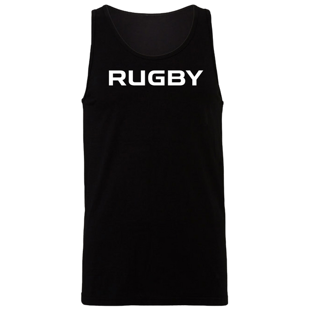 Part of WRS Alpha Broder's 99 Collection, the RUGBY Jersey Tank Top showcases the word "RUGBY" prominently printed in bold, white, uppercase letters on the front against a black fabric.