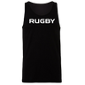 Part of WRS Alpha Broder's 99 Collection, the RUGBY Jersey Tank Top showcases the word "RUGBY" prominently printed in bold, white, uppercase letters on the front against a black fabric.