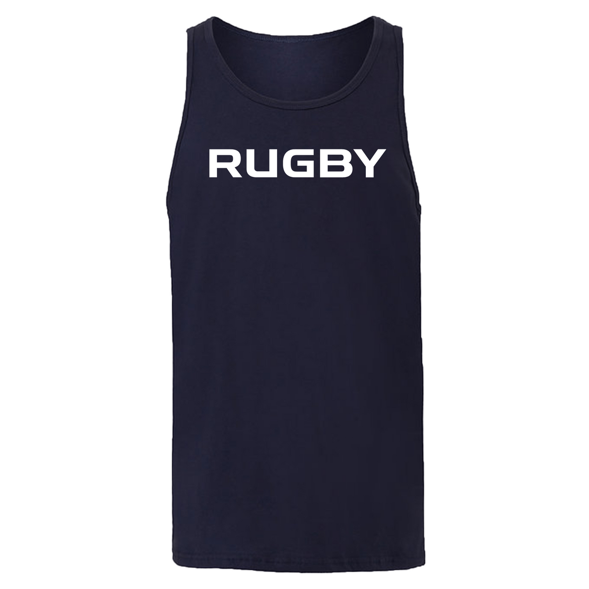 A stylish black sleeveless tank top from the 99 Collection by WRS Alpha Broder, featuring "RUGBY" in bold white letters on the front.