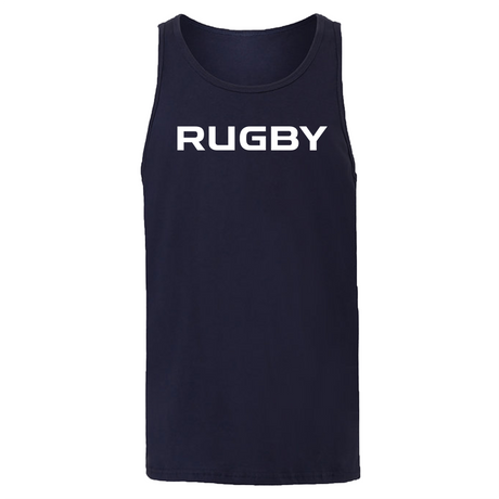 A stylish black sleeveless tank top from the 99 Collection by WRS Alpha Broder, featuring "RUGBY" in bold white letters on the front.