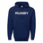 A navy blue RUGBY 60/40 Fleece Pullover Hoodie - 99 Collection by WRS Augusta with the word "RUGBY" printed in large white letters across the chest. This cozy hoodie features a front pocket and a drawstring hood.