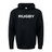 The RUGBY 60/40 Fleece Pullover Hoodie from WRS Augusta's 99 Collection is a black hooded sweatshirt featuring the word "RUGBY" boldly written in white across the chest. This cozy hoodie includes a front pocket and drawstrings.