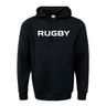 The RUGBY 60/40 Fleece Pullover Hoodie from WRS Augusta's 99 Collection is a black hooded sweatshirt featuring the word "RUGBY" boldly written in white across the chest. This cozy hoodie includes a front pocket and drawstrings.