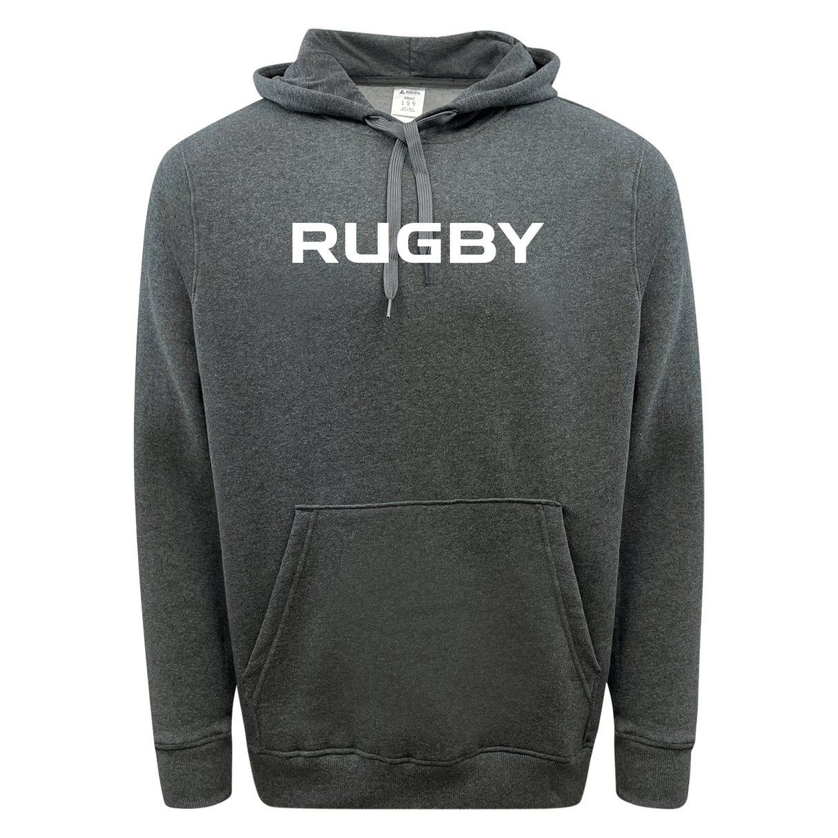 The RUGBY 60/40 Fleece Pullover Hoodie from WRS Augusta's exclusive 99 Collection is a dark gray pullover featuring the word "RUGBY" printed in white on the front. It includes a front pouch pocket and drawstrings for added comfort.