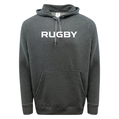 The RUGBY 60/40 Fleece Pullover Hoodie from WRS Augusta's exclusive 99 Collection is a dark gray pullover featuring the word "RUGBY" printed in white on the front. It includes a front pouch pocket and drawstrings for added comfort.