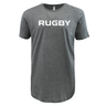 Just In: The WRS LAT RUGBY Supersoft Tee from the 99 Collection boasts a gray short-sleeved design with "RUGBY" boldly printed in white letters on the front.