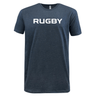 Introducing the RUGBY Supersoft Tee from WRS LAT's exclusive 99 Collection - a plain dark blue t-shirt featuring the word "RUGBY" boldly printed in white across the chest.