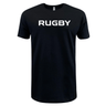 Just In: WRS LAT's exclusive 99 Collection RUGBY Supersoft Tee, featuring "RUGBY" printed in bold white capital letters across the chest. Available now in black.