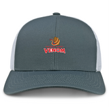 The Raleigh Venom Retro Trucker Cap by EMB Alpha Broder is a gray and white hat adorned with a bold snake logo and "VENOM" text. It features an embroidered design for style, and the snapback closure ensures a comfortable fit for any head size.