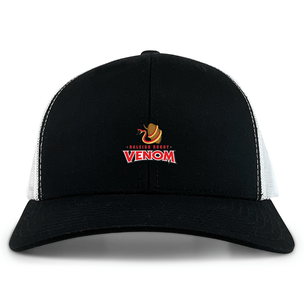 The Raleigh Venom Retro Trucker Cap by EMB Alpha Broder features a black front with a bold red and yellow "Raleigh Rugby Venom" logo, white mesh back, snapback closure, and an embroidered design for classic flair.