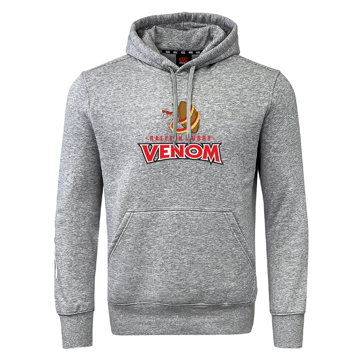 The Raleigh Venom Club Hoodie by WRS Canterbury is a gray sweatshirt fleece hoodie with a front pocket, decorated with a cartoon chili pepper and "Chili & Cherry Venom" text. Perfect for rugby or everyday wear.