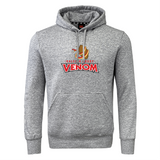 The Raleigh Venom Club Hoodie by WRS Canterbury is a gray sweatshirt fleece hoodie with a front pocket, decorated with a cartoon chili pepper and "Chili & Cherry Venom" text. Perfect for rugby or everyday wear.