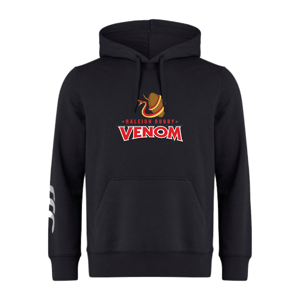 The Raleigh Venom Club Hoodie by WRS Canterbury features a "Raleigh Rugby Venom" logo with a snake gripping a rugby ball, white left sleeve stripes, Canterbury branding for authenticity, and customization options for a tailored fit.