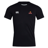 The Raleigh Venom Club Dry Tee by Canterbury is a black rugby jersey with the white EMB Canterbury logo on the left chest and a red "Vernon" logo on the right. Enhanced with Vapodri Technology for comfort, it features zoned mesh panelling to boost breathability and performance.