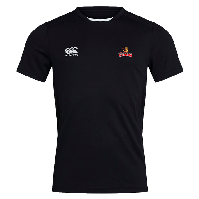 The Raleigh Venom Club Dry Tee by Canterbury is a black rugby jersey with the white EMB Canterbury logo on the left chest and a red "Vernon" logo on the right. Enhanced with Vapodri Technology for comfort, it features zoned mesh panelling to boost breathability and performance.