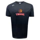 The Raleigh Venom Tempo Vapodri T-Shirt by WRS Canterbury is a black tee with the "Raleigh Rugby Venom" logo displaying a snake and rugby ball, featuring Canterbury branding and VapoDri technology for excellent moisture-wicking.