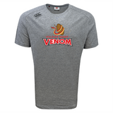 Gray Raleigh Venom Tempo VapoDri T-Shirt by WRS Canterbury showcases "Raleigh Rugby Venom" text and snake logo, crafted with VapoDri tech for excellent moisture-wicking.