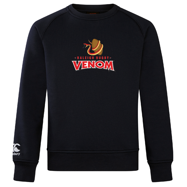 Meet the ultra-soft Raleigh Venom Club Crew Sweatshirt by WRS Canterbury in black, featuring a snake-in-a-hat "Raleigh Rugby Venom" logo and an embroidered CCC logo on the sleeve for style and authenticity.