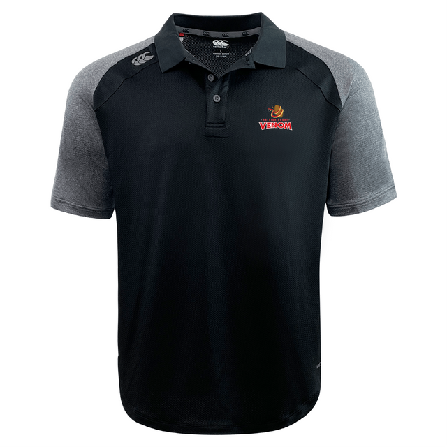 The Raleigh Venom Elite Polo by EMB Canterbury is a black and gray short-sleeved shirt featuring Vapodri fabrics for unmatched comfort. With a button-up collar, it showcases a "Venom" logo on the chest and a "CCC" logo on the shoulder, making it lightweight and durable for daily use.