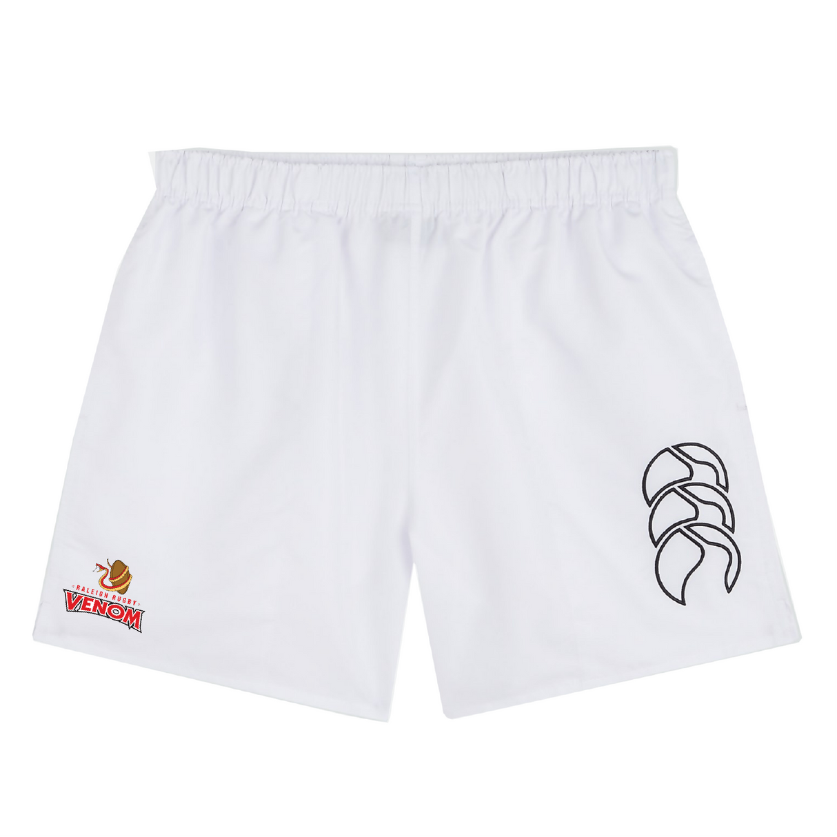 The white Raleigh Venom Tactic Short by EMB Canterbury features an elasticated waistband and a "Venom" logo alongside a stylized leg design, perfect for dominating the rugby pitch.