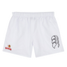 The white Raleigh Venom Tactic Short by EMB Canterbury features an elasticated waistband and a "Venom" logo alongside a stylized leg design, perfect for dominating the rugby pitch.