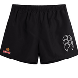 The Raleigh Venom Tactic Short by EMB Canterbury features a small "Venom" flame logo on the left leg and an abstract white design on the right, offering comfort and flexibility with an elasticated waist—ideal for dominating the rugby pitch.