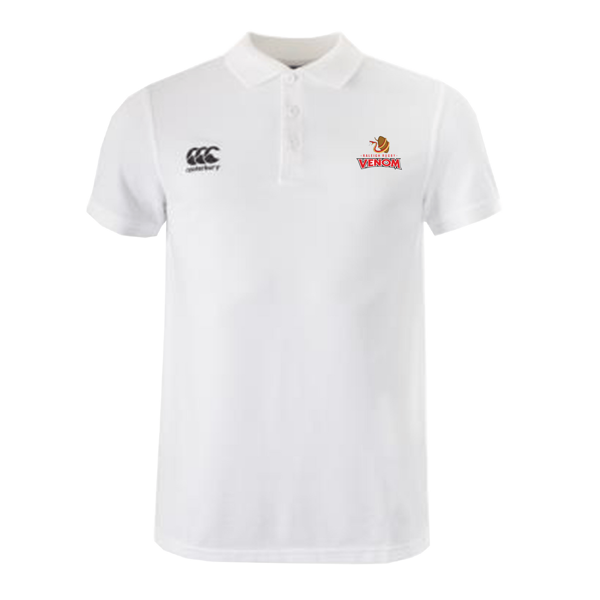 The Raleigh Venom Waimak Polo by EMB Canterbury boasts a sleek white design with dual chest logos: Canterbury on the left and Venom on the right. Made from a comfy cotton-polyester blend, it's ideal for casual and sporty events.