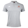 With a sleek design, the Raleigh Venom Waimak Polo by EMB Canterbury features a comfortable cotton polyester blend in gray. It has a stylish collar and two embroidered chest logos, including the iconic Canterbury emblem.