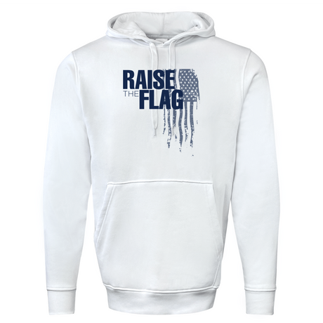 The Raise the Flag 60/40 Fleece Pullover Hoodie by WRS Augusta is a white pullover featuring a graphic of a distressed U.S. flag and the text "RAISE THE FLAG" in dark blue on the chest. This patriotic hoodie is perfect for showing your American pride.