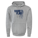 The Raise the Flag 60/40 Fleece Pullover Hoodie by WRS Augusta is a gray pullover featuring the text "RAISE THE FLAG" in blue and an abstract portrayal of the American flag beneath it. This patriotic hoodie includes a front pocket and drawstrings on the hood.