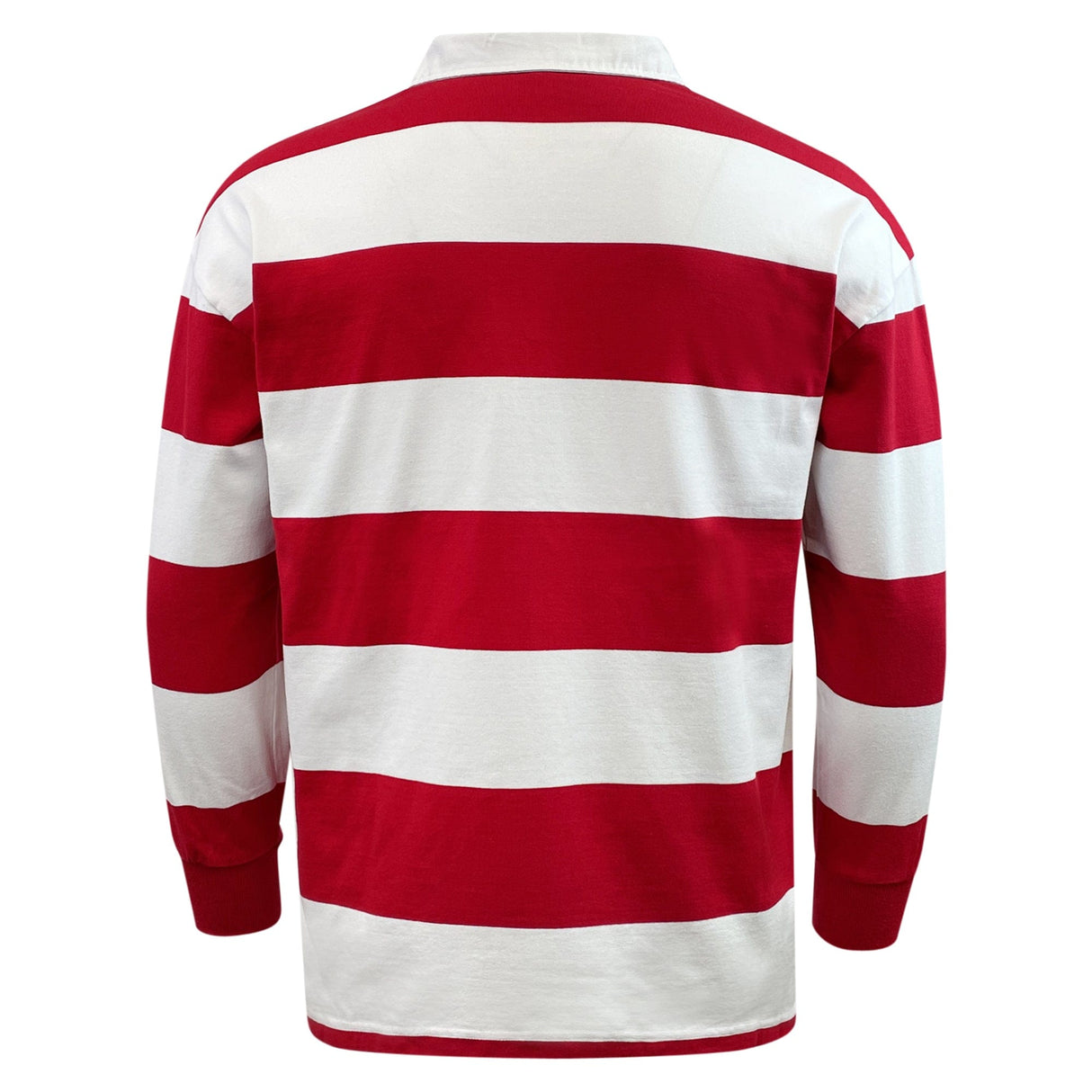 Red and white striped long-sleeved USA Rugby Hooped Classic Jersey isolated on a white background by EMB Mudoo.