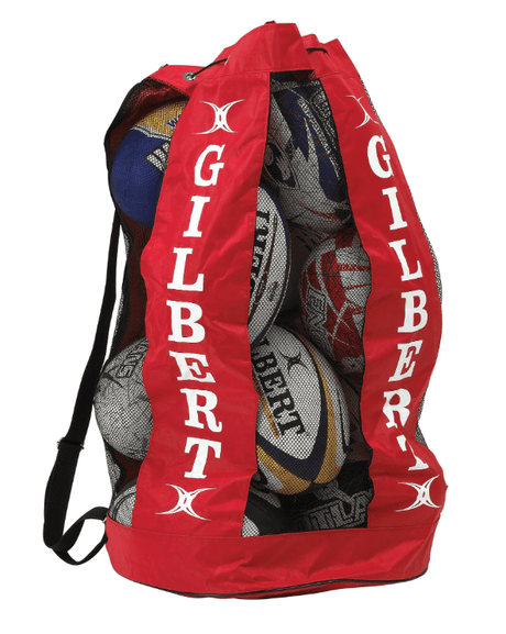 Gilbert's Gilbert Breathable Large Sturdy Rugby Ball Bag in a mesh paneling bag.