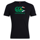 The WRS Canterbury South Africa CCC Flag Club T-Shirt features a black cotton blend design with the iconic green logo and South African flag, elegantly highlighted by the "canterbury" text beneath.