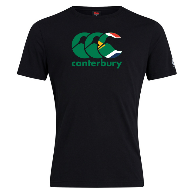 The WRS Canterbury South Africa CCC Flag Club T-Shirt features a black cotton blend design with the iconic green logo and South African flag, elegantly highlighted by the "canterbury" text beneath.