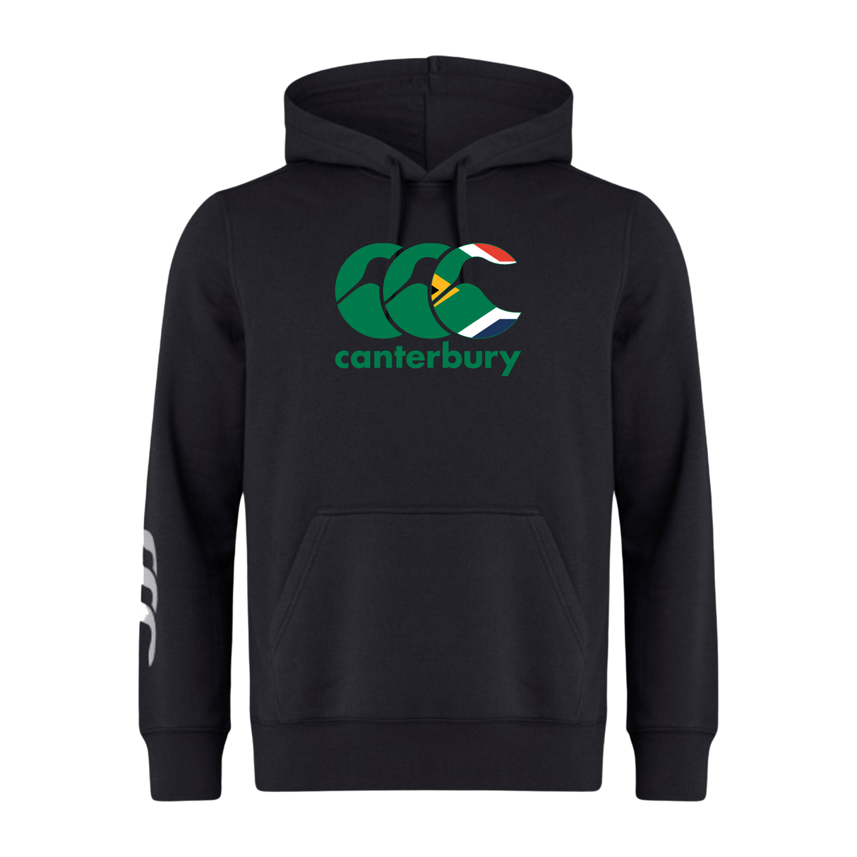 The Canterbury South Africa CCC Flag Club Hoodie by WRS Canterbury features a green, white, and yellow logo on the chest and a white design on the left sleeve.