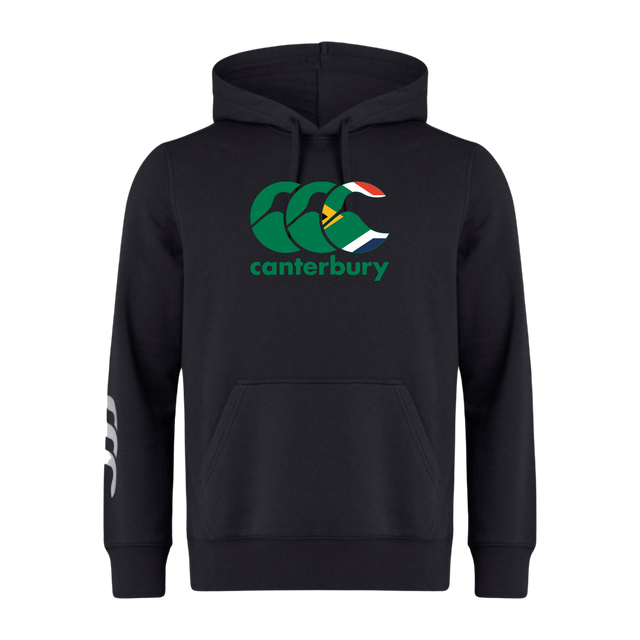 The Canterbury South Africa CCC Flag Club Hoodie by WRS Canterbury features a green, white, and yellow logo on the chest and a white design on the left sleeve.