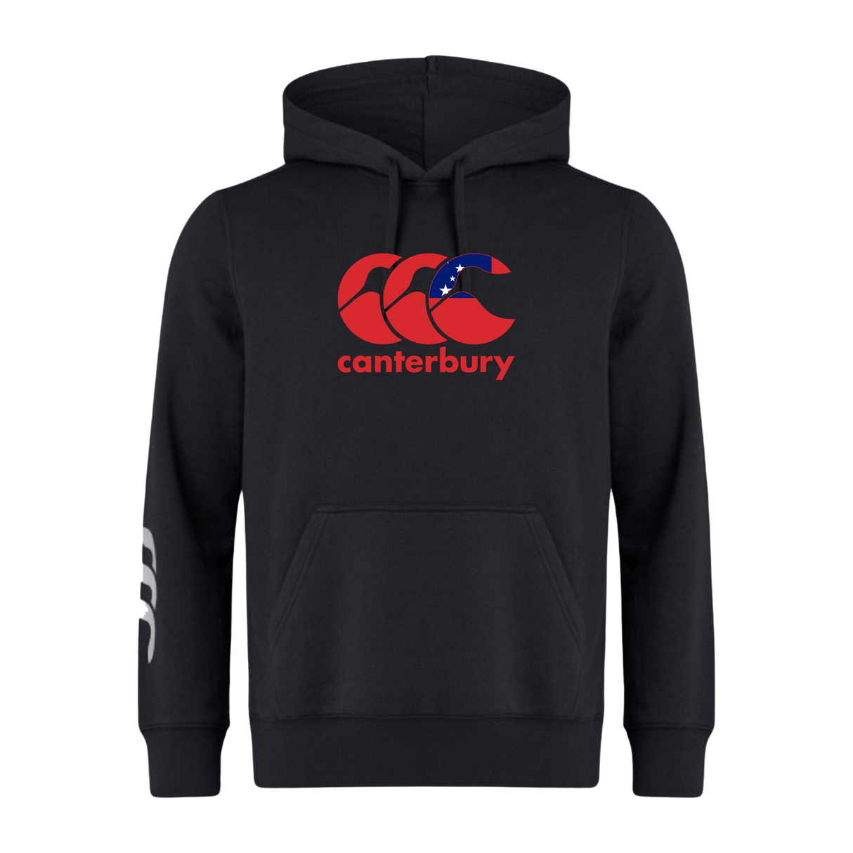 The Canterbury Samoa CCC Flag Club Hoodie by WRS Canterbury features a sleek black design, a red Canterbury logo with a star accent on the chest, and a white logo on the left sleeve.