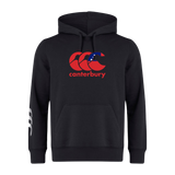 The Canterbury Samoa CCC Flag Club Hoodie by WRS Canterbury features a sleek black design, a red Canterbury logo with a star accent on the chest, and a white logo on the left sleeve.