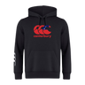 The Canterbury Samoa CCC Flag Club Hoodie by WRS Canterbury features a sleek black design, a red Canterbury logo with a star accent on the chest, and a white logo on the left sleeve.