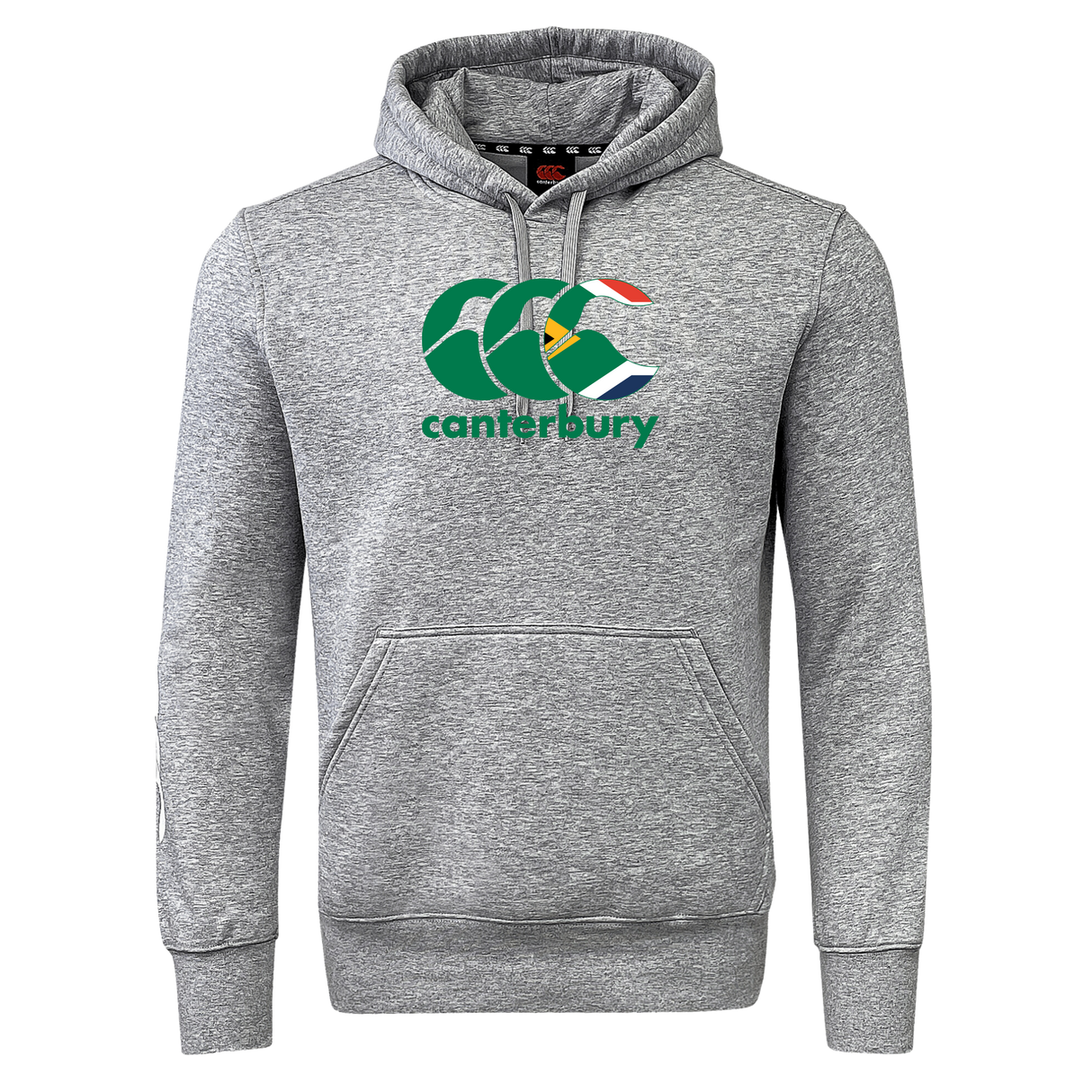 Gray Canterbury South Africa CCC Flag Club Hoodie by WRS Canterbury, showcasing a large front pocket and the iconic CCC logo on the chest.