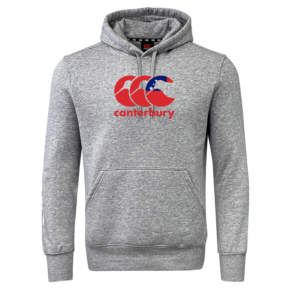 The WRS Canterbury Samoa CCC Flag Club Hoodie is a gray sweatshirt with a hood, kangaroo pocket, and features a large red and blue Canterbury logo on the chest, perfect for showcasing your sporty style while staying cozy.