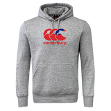 The WRS Canterbury Samoa CCC Flag Club Hoodie is a gray sweatshirt with a hood, kangaroo pocket, and features a large red and blue Canterbury logo on the chest, perfect for showcasing your sporty style while staying cozy.