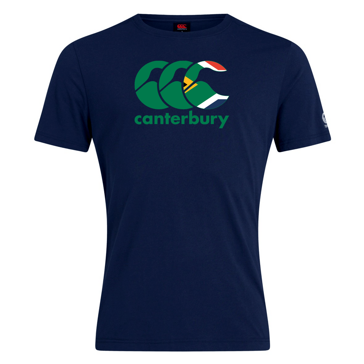 The Canterbury South Africa CCC Flag Club T-Shirt by WRS Canterbury is a navy blue shirt made from a comfortable cotton blend, featuring a green and white Kiwi logo with a stylized element of the South African flag.