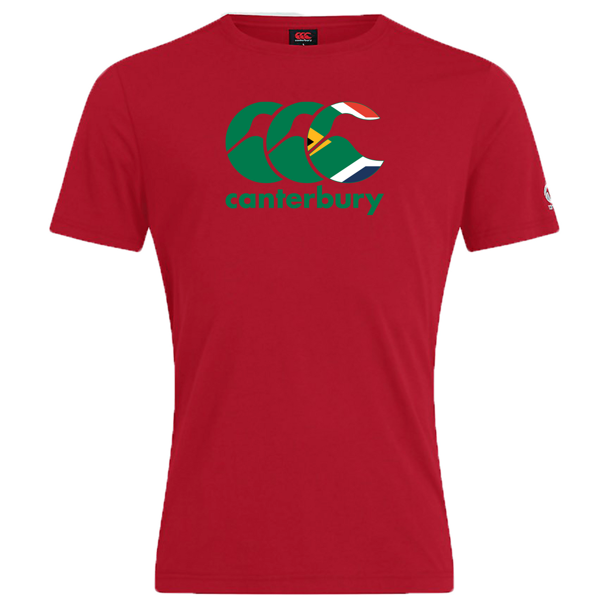 Canterbury South Africa CCC Flag Club T-Shirt by WRS Canterbury is crafted from a comfortable cotton blend and features a green and white "CCC" logo, the Canterbury Kiwi Logo, and the word "canterbury" below.