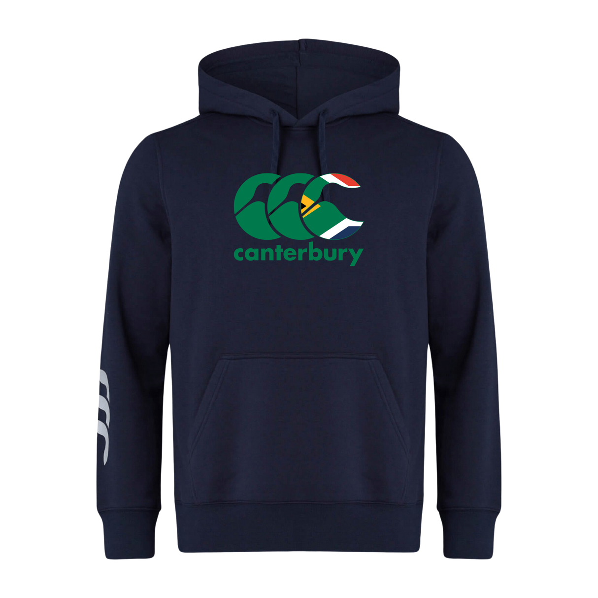 The Canterbury South Africa CCC Flag Club Hoodie by WRS Canterbury is navy blue and features a large CCC logo on the chest with a smaller logo on the left sleeve.