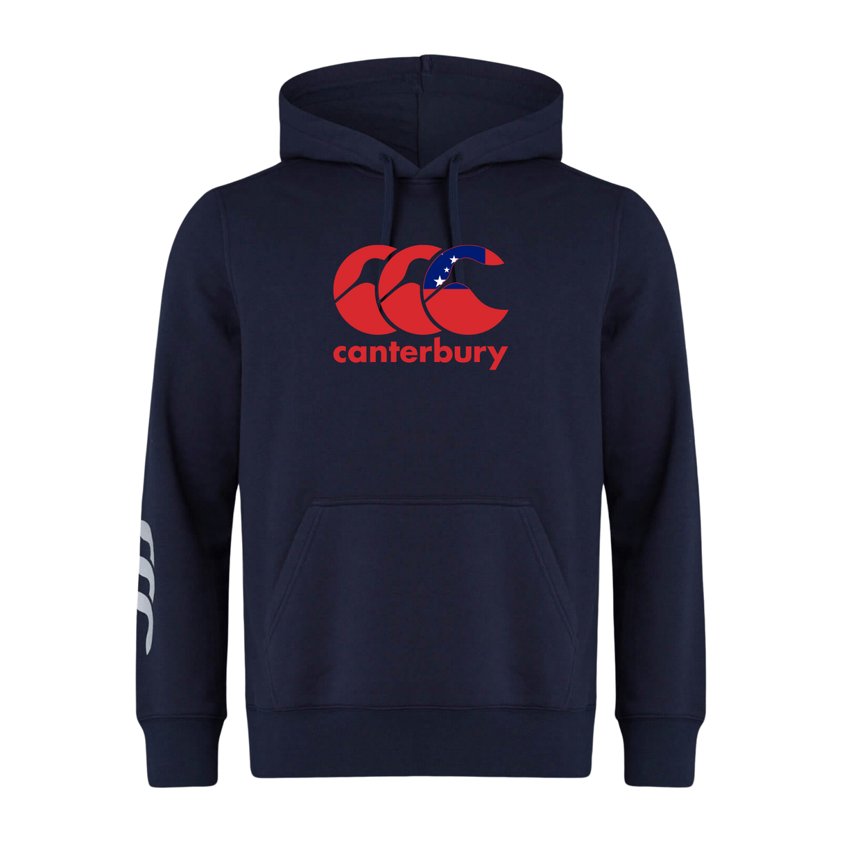 The Canterbury Samoa CCC Flag Club Hoodie by WRS Canterbury features a bold red logo with a Southern Cross motif and "canterbury" text on the chest, plus white stripes on the left sleeve, all in navy blue.