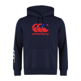 The Canterbury Samoa CCC Flag Club Hoodie by WRS Canterbury features a bold red logo with a Southern Cross motif and "canterbury" text on the chest, plus white stripes on the left sleeve, all in navy blue.